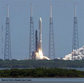Spacecraft Juno lifts off from Kennedy Space Center on the way to Saturn.