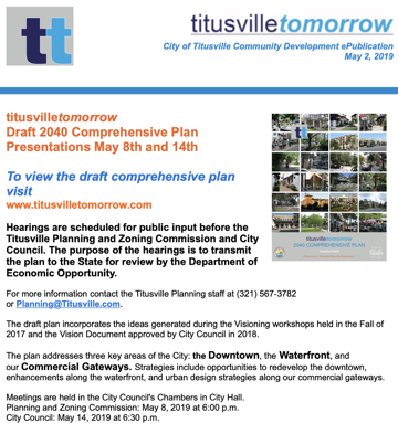 Titusville Tomorrow Presentations May 8th and
14th