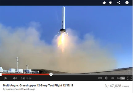 Click for YouTube video of SpaceX Grasshopper 12-Story Test Flight 12/17/12