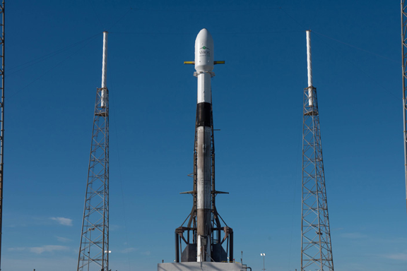 Falcon 9 with AMOS 17 on the launch pad.