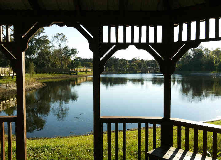 Enjoying the pond from the little gazebo.